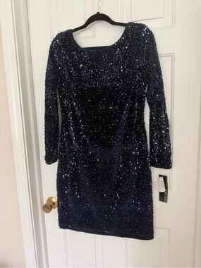 Neiman Marcus Navy Sequin Long-Sleeve Cocktail Dress